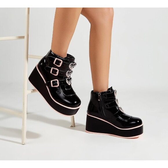 🆕 Goth Platform Chunky Ankle Boots Black Pink PU Wedge Zip Buckle Rave Booties - Picture 5 of 8